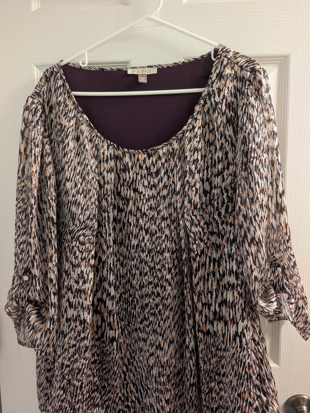 Roz & Ali Top Woman Size 2X  Sheer Layered 3/4 Sleeve Blouse Flowy Abstract